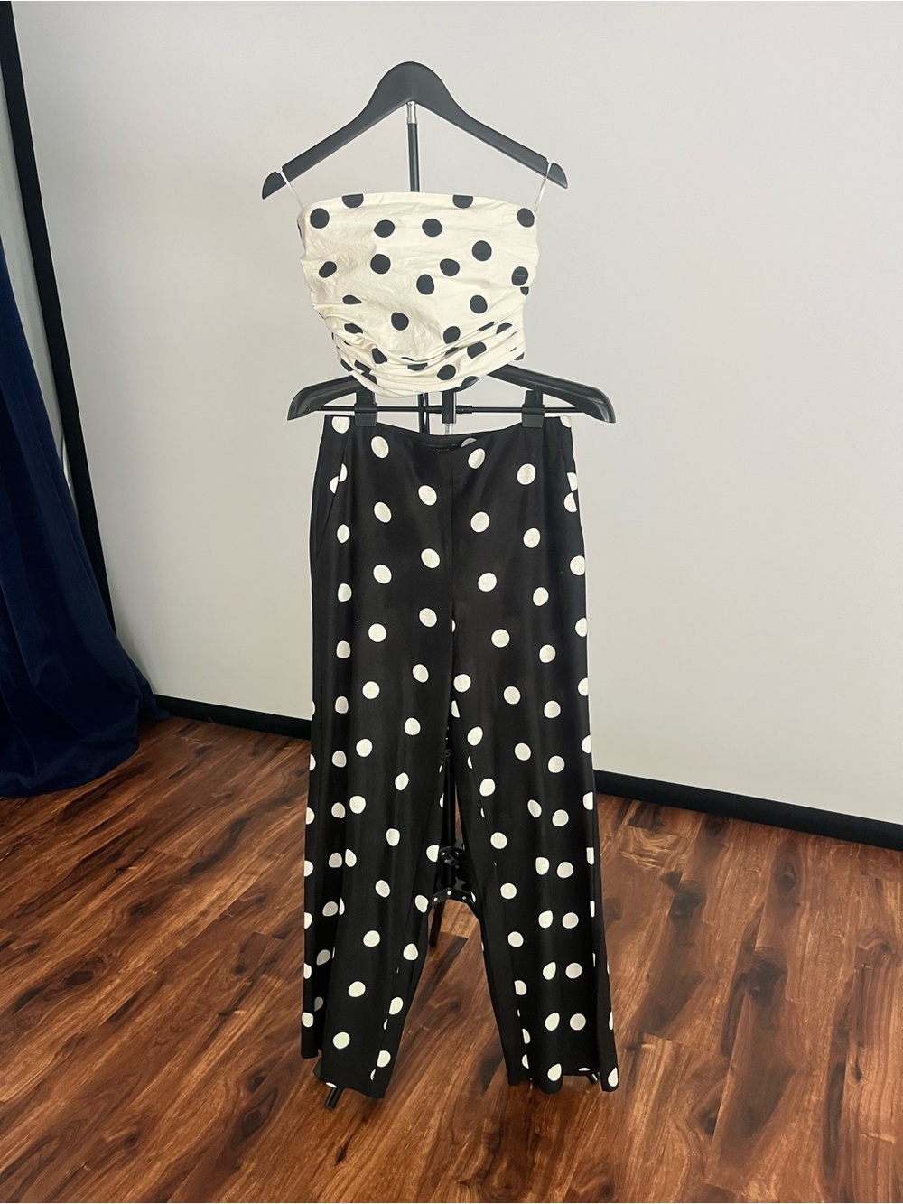 Ann Taylor Set - Bandage Top Polka Dot Wide-Leg Pants - Black with White Dots